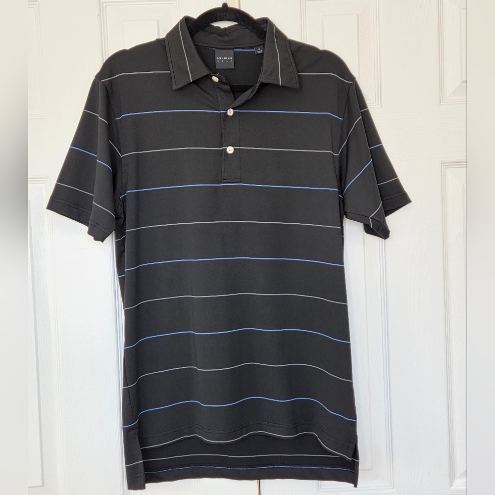 MEN'S DUNNING GOLF SHORT SLEEVE POLO BLACK WITH BLUE & GRAY STRIPES SMALL